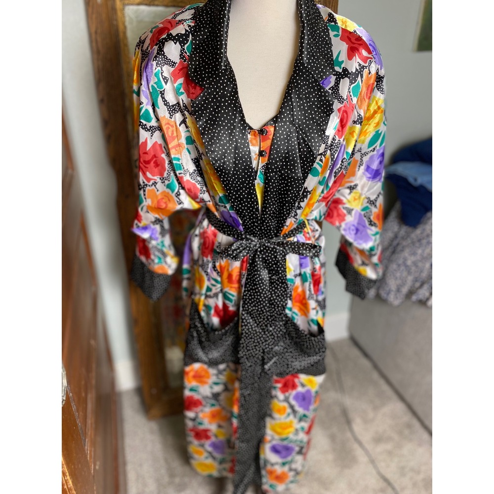 Vintage Axiom 90s 2 Piece Robe and Nightgown Set Floral Polka Dot Satin Small